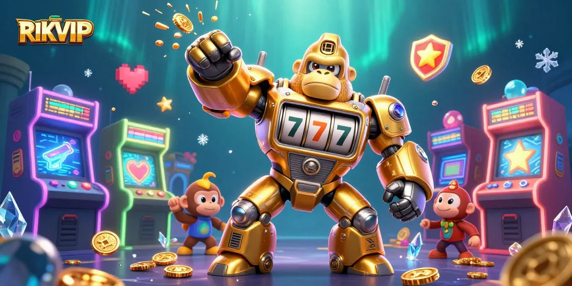 Engage in thrilling slots at RIKVIP with a dynamic 3D transformer gorilla celebrating victories.