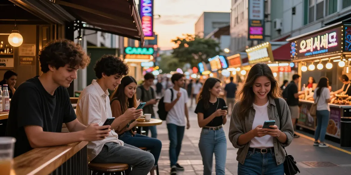 Young adults exploring popular 오피사이트 in vibrant urban nightlife during sunset.