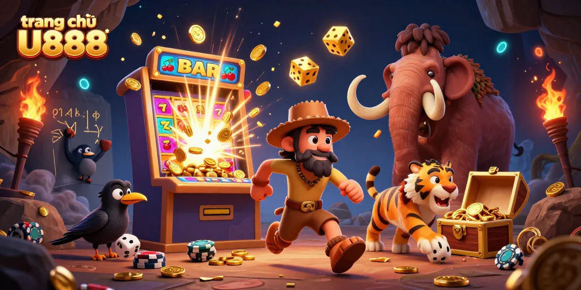 Experience excitement at trang chủ U888 with cartoon caveman and tiger in a vibrant casino scene.