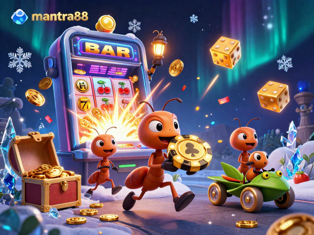 Experience the thrill of mantra88 with a 3D cartoon heist featuring ants and casino elements.