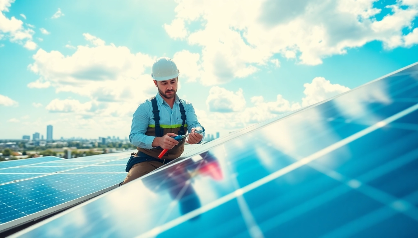 Technician ensuring commercial solar maintenance New Jersey on rooftop panels with skyline view.