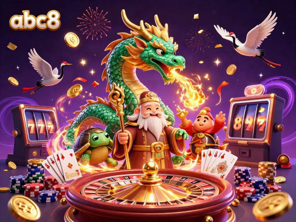 Engage in the thrilling world of abc8 with a majestic jade dragon, turtle sage, and lucky cranes immersed in dazzling casino elements.