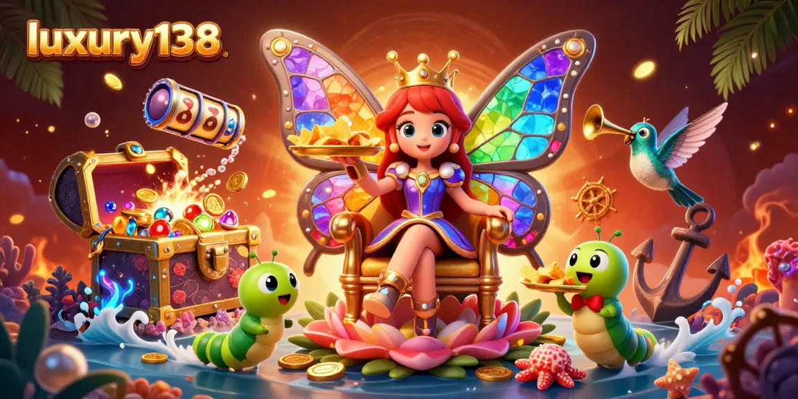 Mainkan slot di luxury138 dengan ilustrasi ratu kupu-kupu dan harta karun yang memukau.