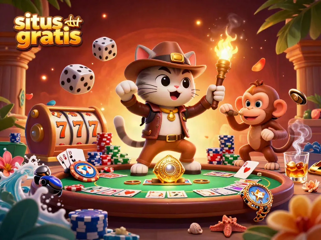 Engage with the excitement of situs slot gratis through a vibrant illustration of a cat explorer discovering treasures in a casino backdrop.