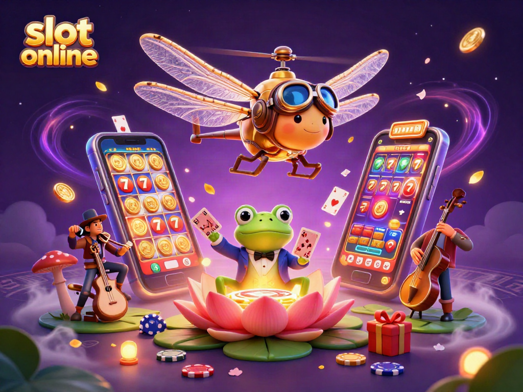 Experience the excitement of slot online with a vibrant 3D illustration featuring a dragonfly pilot and frog croupier.