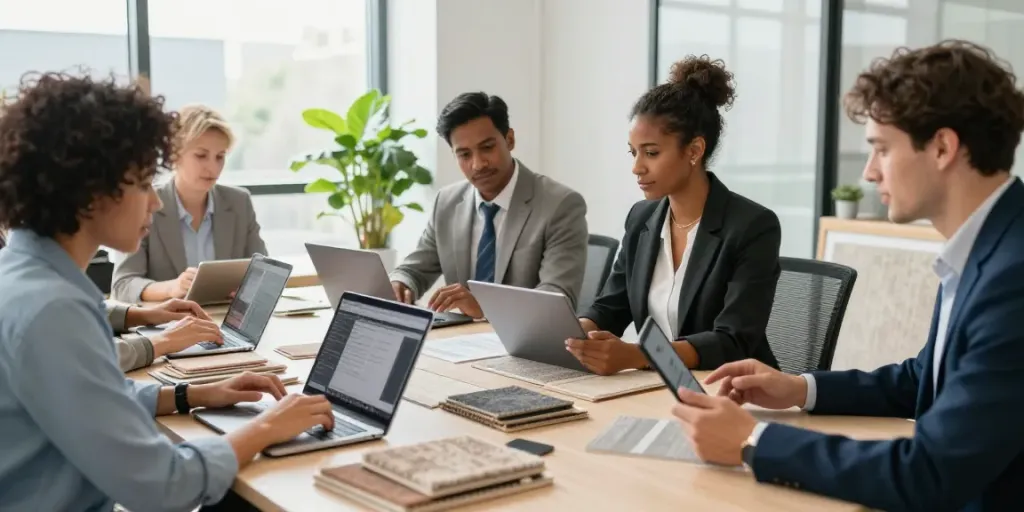 Business professionals exploring Shopsmart sustainable flooring options in a modern office.