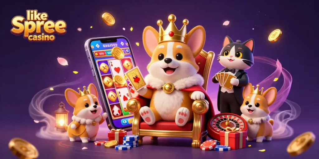 Engage with games like spree casino through this vibrant and dynamic illustration featuring a royal corgi and gaming elements.