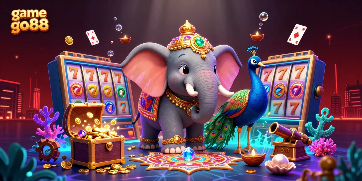 Engage with game go88’s vibrant casino experience featuring a Diwali-themed elephant and peacock amidst dazzling slots.