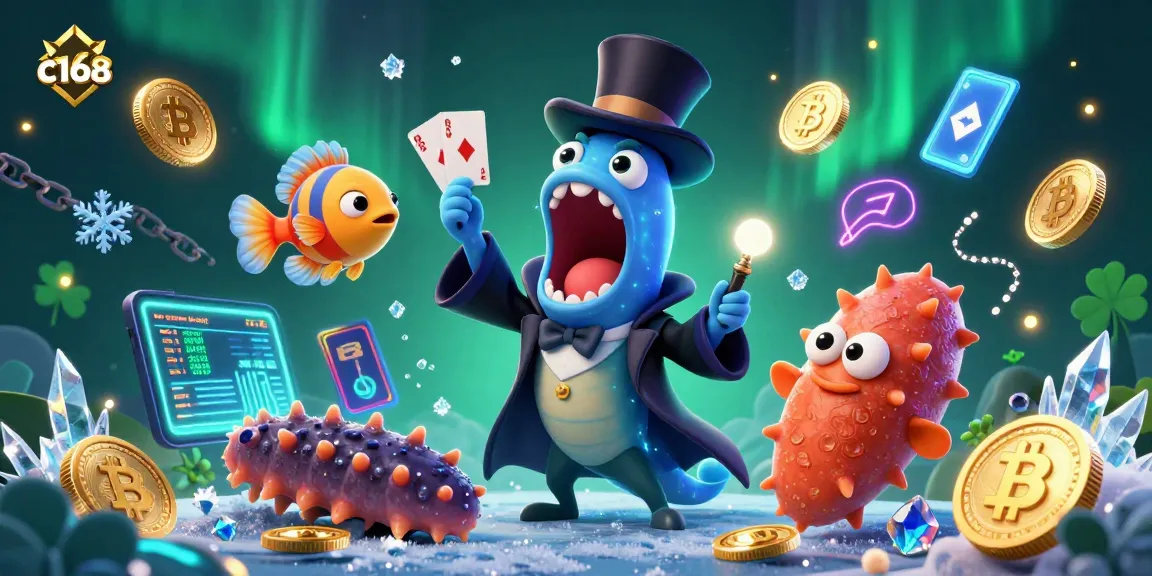 Experience thrilling card tricks at c168, with vibrant sea creatures showcasing magic and crypto excitement.