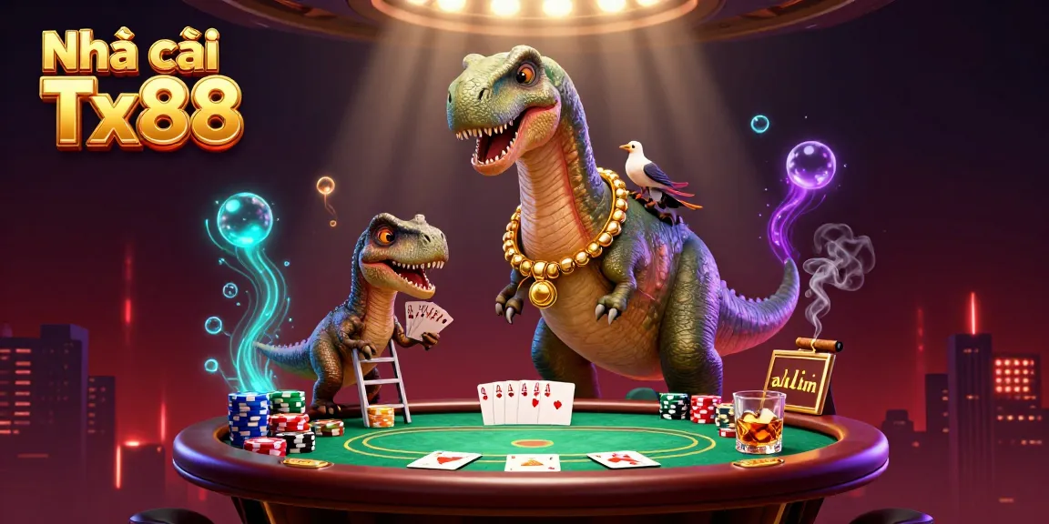 Engage with Nhà cái Tx88 at a lively poker game featuring a dinosaur dealer and vibrant casino elements.