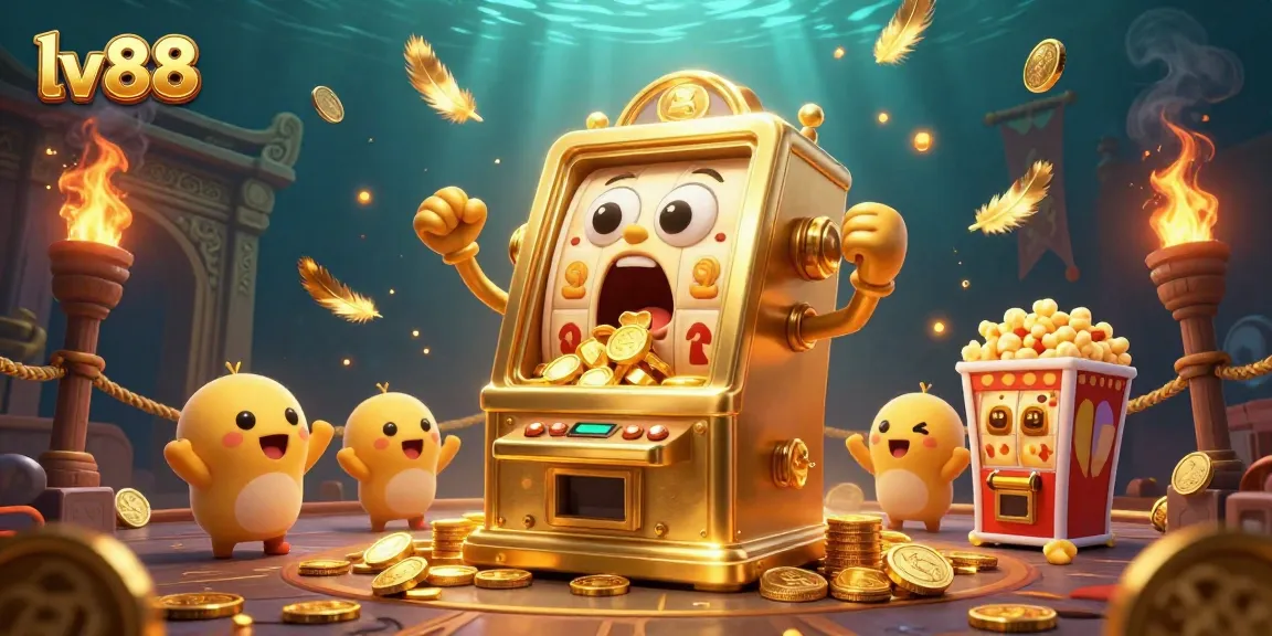 Engage with lv88's exciting world as a golden slot machine hits the jackpot, surrounded by cheering baby machines.