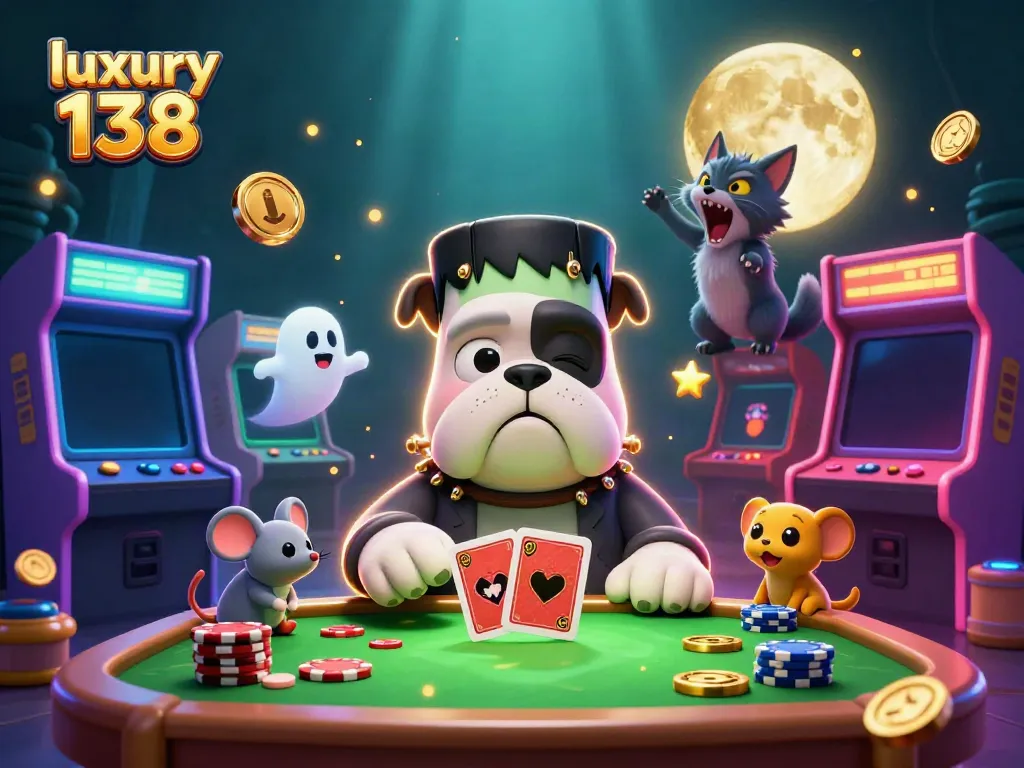 luxury 138 gaming scene with 3D cartoon dog dealer and spooky elements