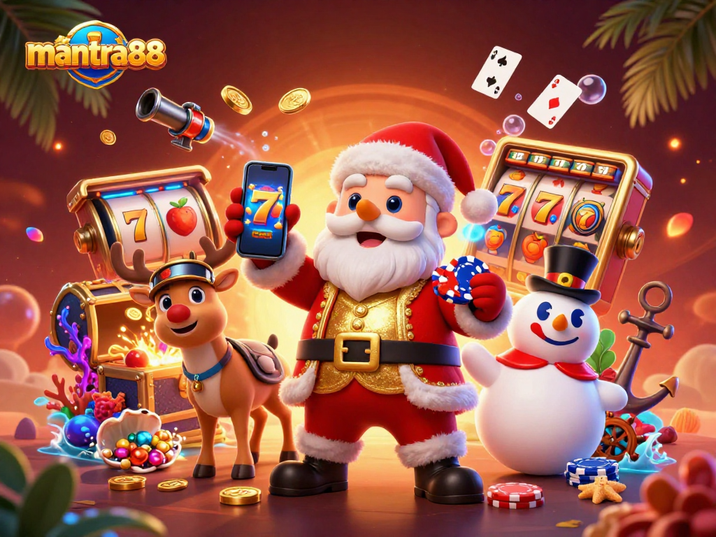 Experience mantra88 with Santa Claus in a vibrant casino scene showcasing an exciting jackpot