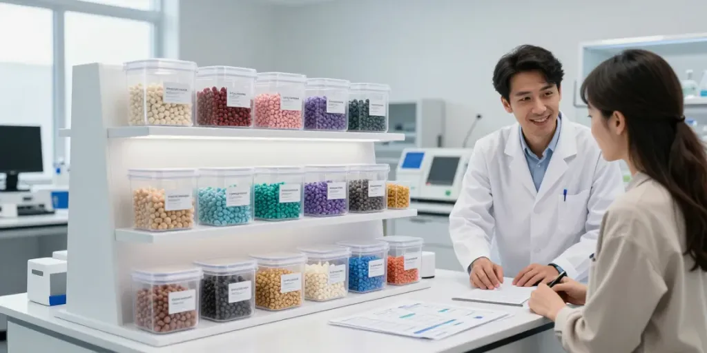 A modern peptide shop featuring diverse research-grade peptides with professional staff assisting customers.