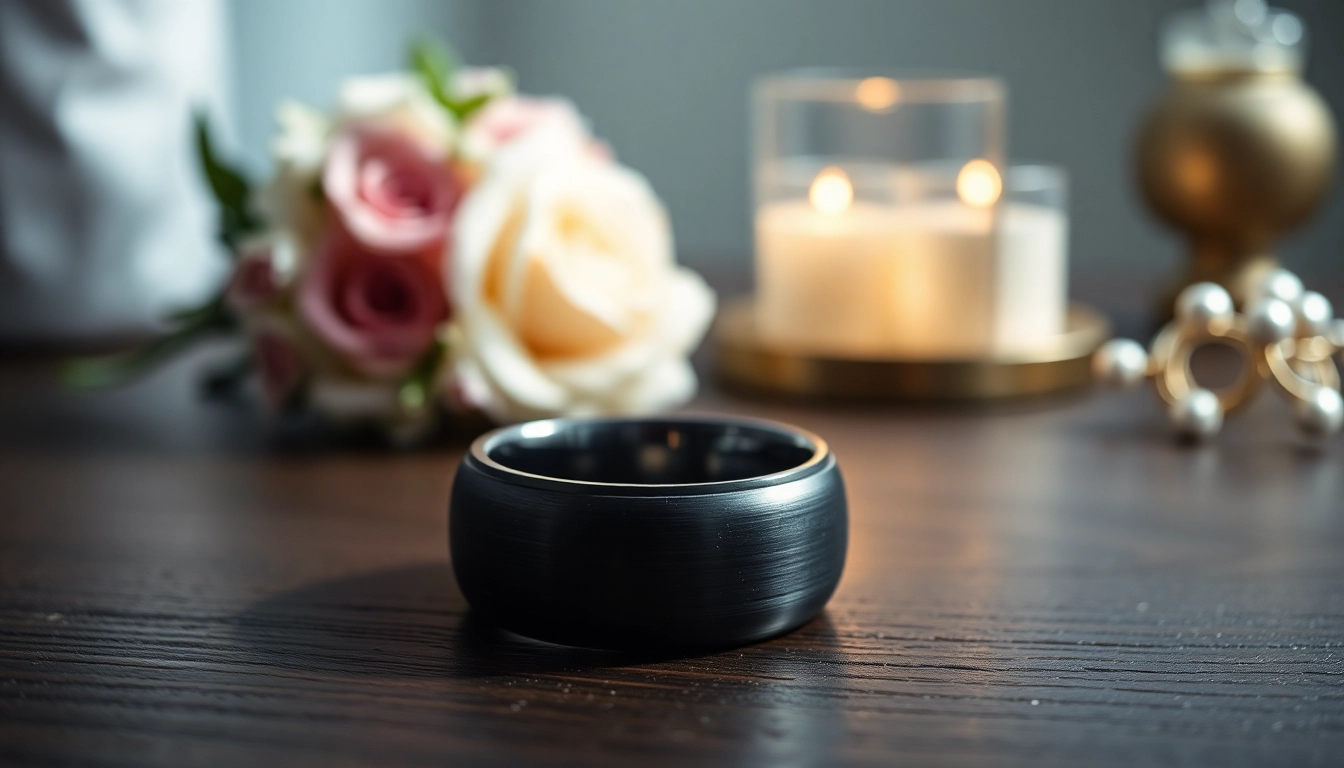 Admire the exquisite details of Black Zirconium Rings displayed elegantly on a wooden surface.