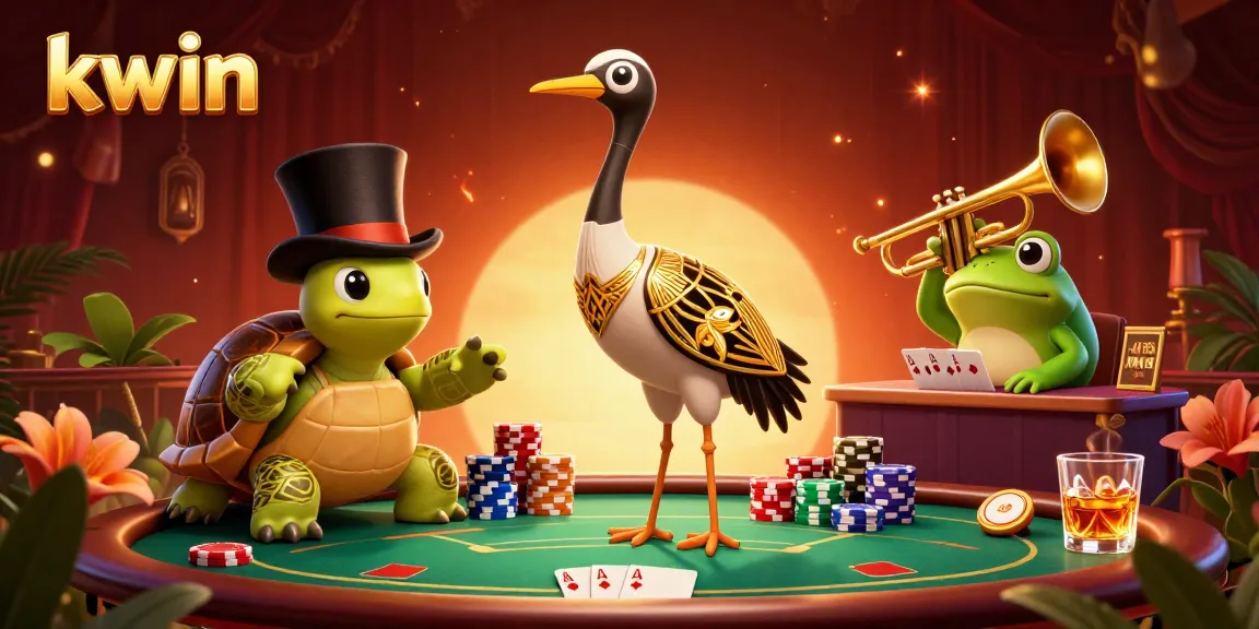 Kwin showcases vibrant casino energy with characters engaging at a lively venue filled with poker elements.