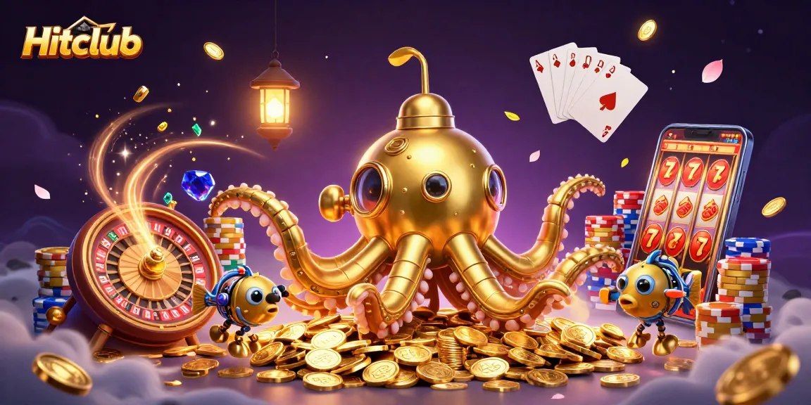 Hitclub's golden kraken submarine navigating through casino treasures with vibrant game elements.