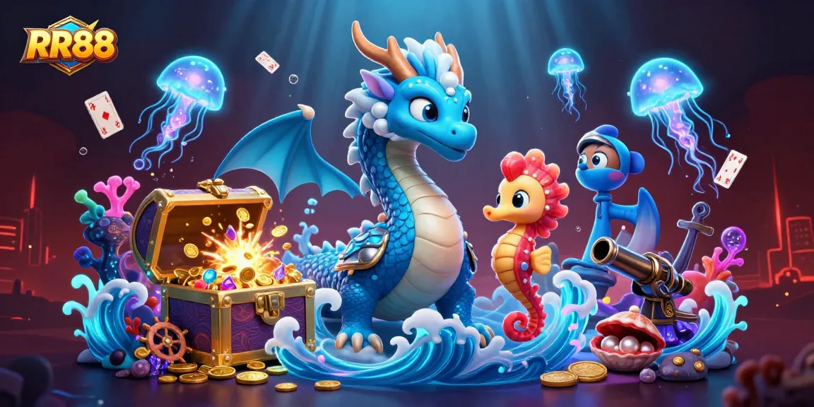 Experience the excitement of RR88 as glowing jellyfish and an azure dragon swim amidst casino treasures.