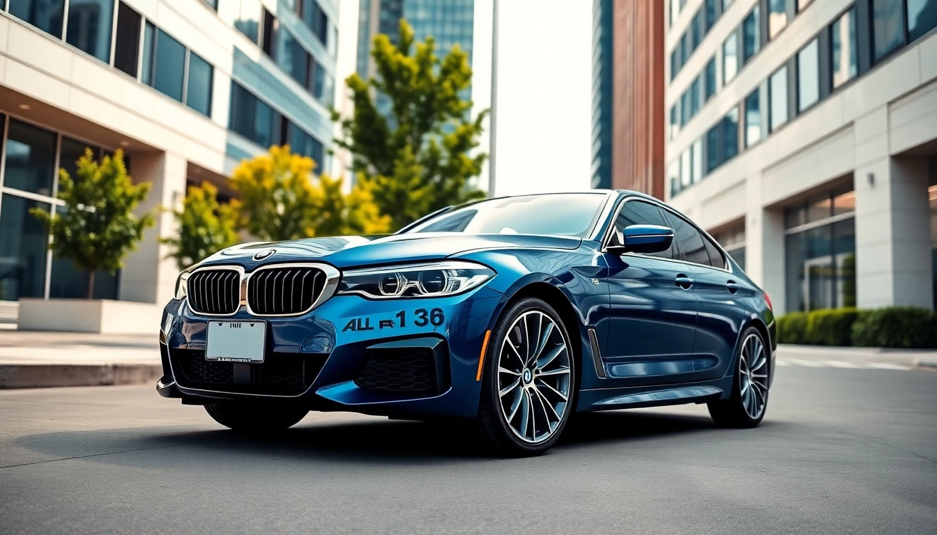 Luxury BMW car parked elegantly in an upscale urban setting with modern architecture.