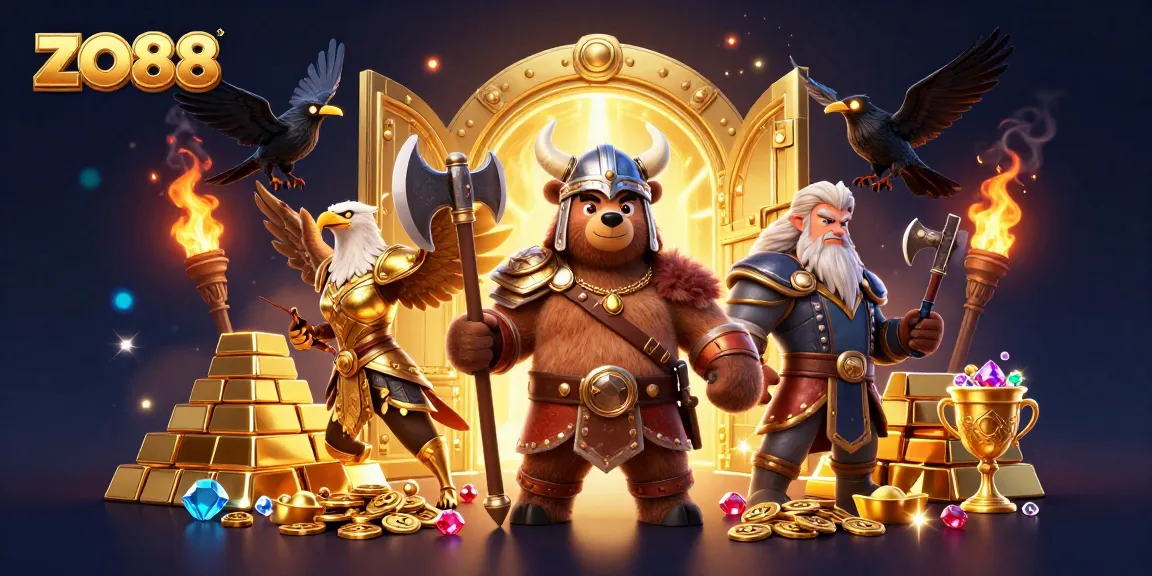 Experience excitement with zo88 as a Viking bear battles for treasures in a vibrant casino scene.
