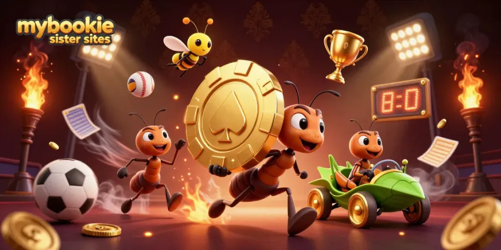 Engaging illustration of mybookie sister sites showcasing cartoon ants transporting a giant poker chip through a tunnel.