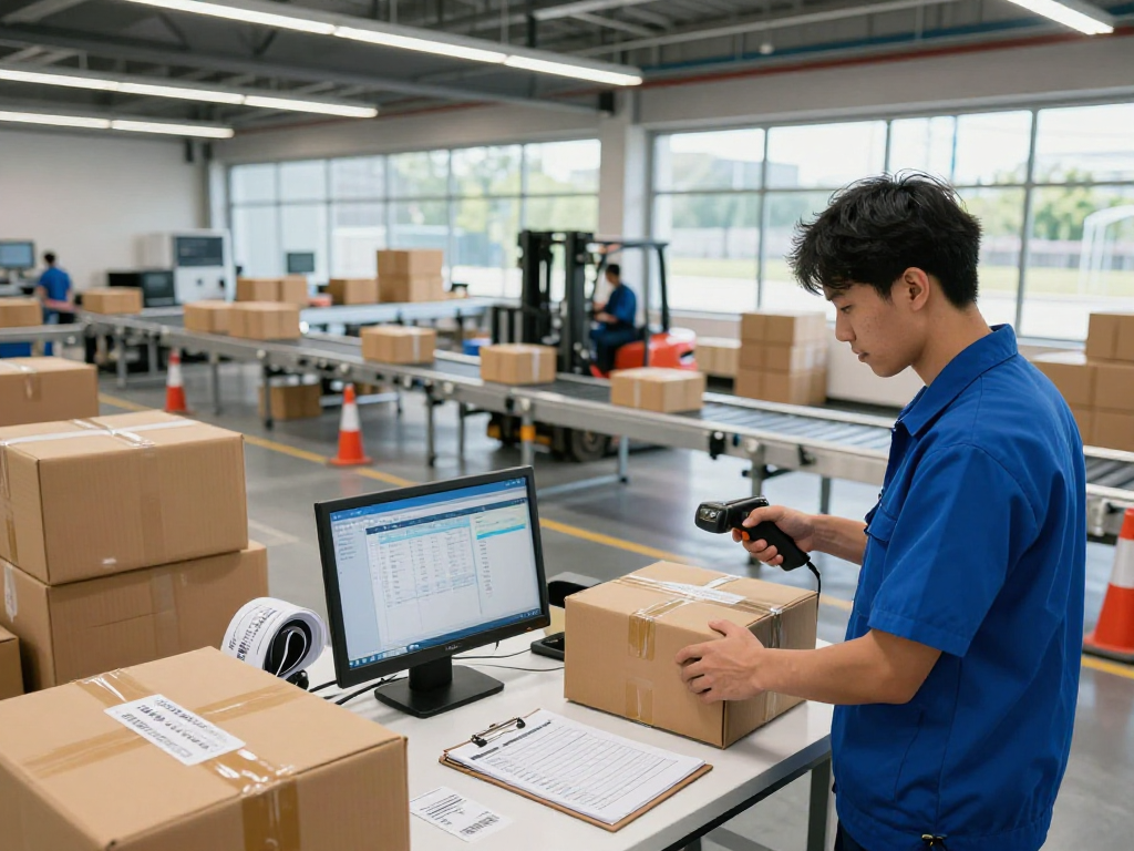 Pekerja logistik memindai paket di gudang modern delapantoto dengan kotak siap kirim di sekitarnya.