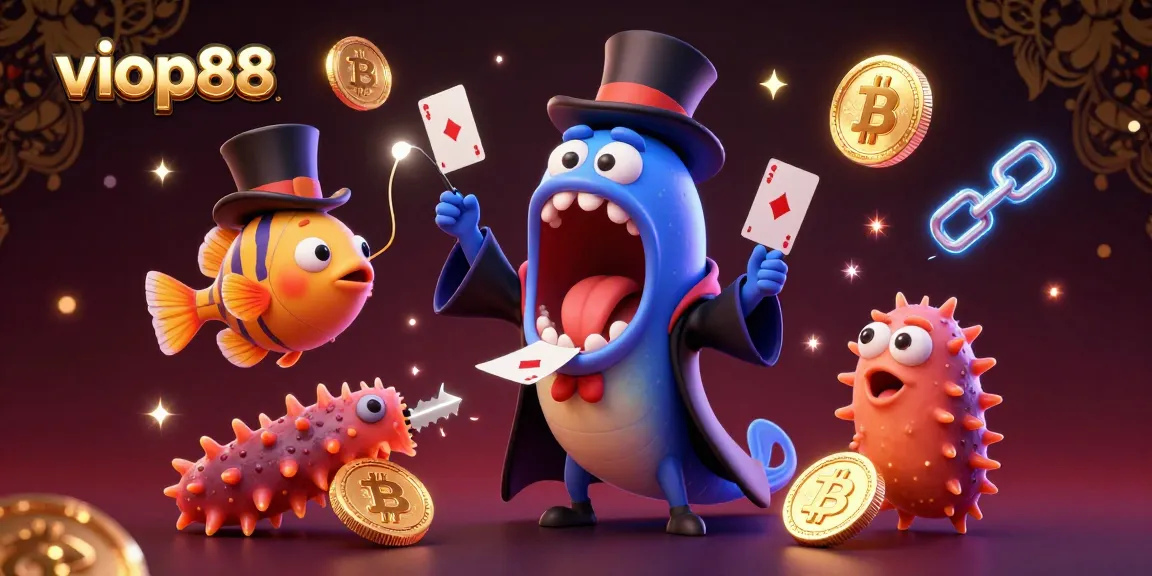 Perform magical card tricks with viop88 surrounded by crypto coins and underwater wonders