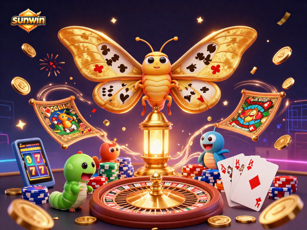 Experience the excitement of sunwin with vibrant casino elements and characters in a dynamic illustration.