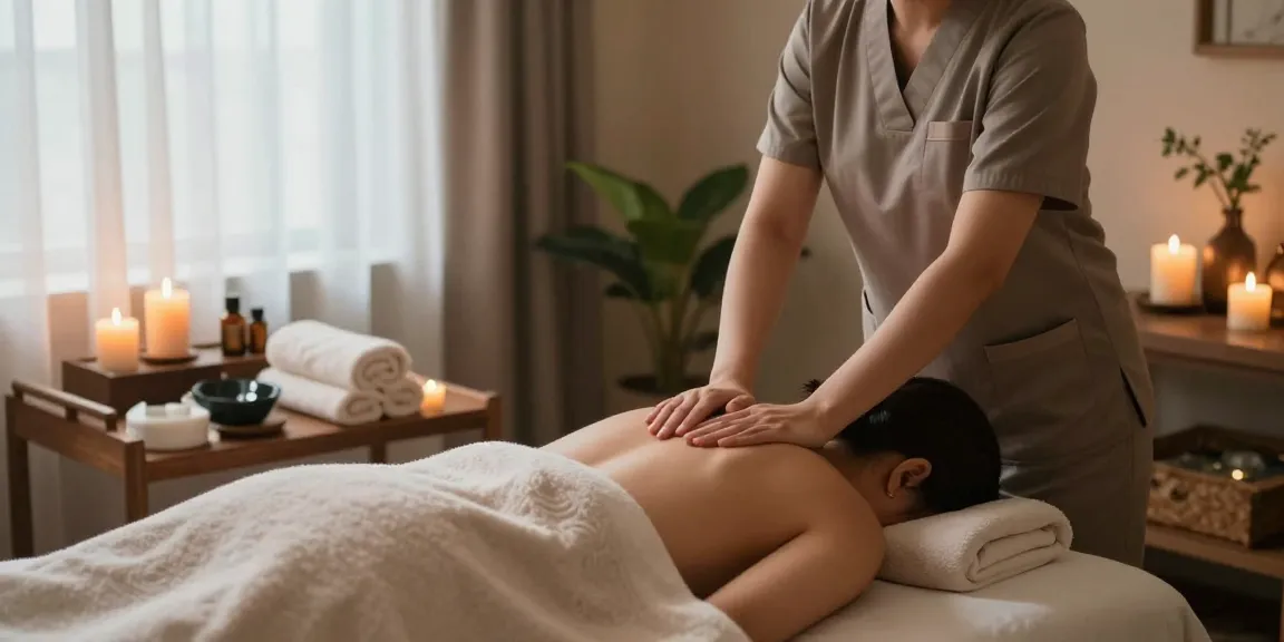 하남출장안마 in a tranquil spa setting, featuring a professional massage therapist providing soothing service with candles and essential oils for a calming experience.