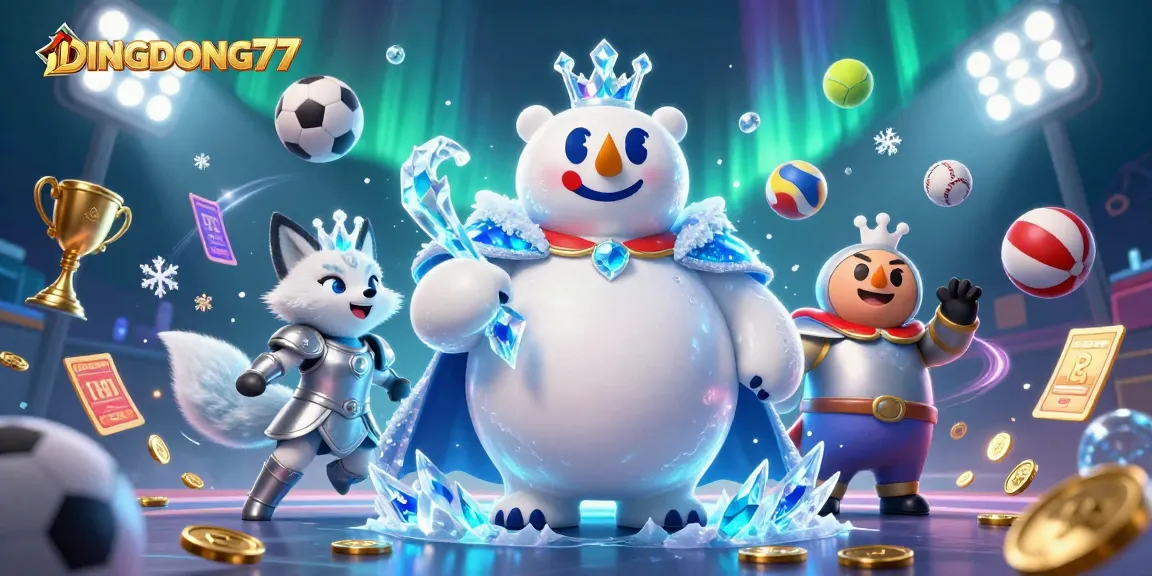 DINGDONG77 ignites excitement with a polar bear king and a snow fox amidst sports betting elements.