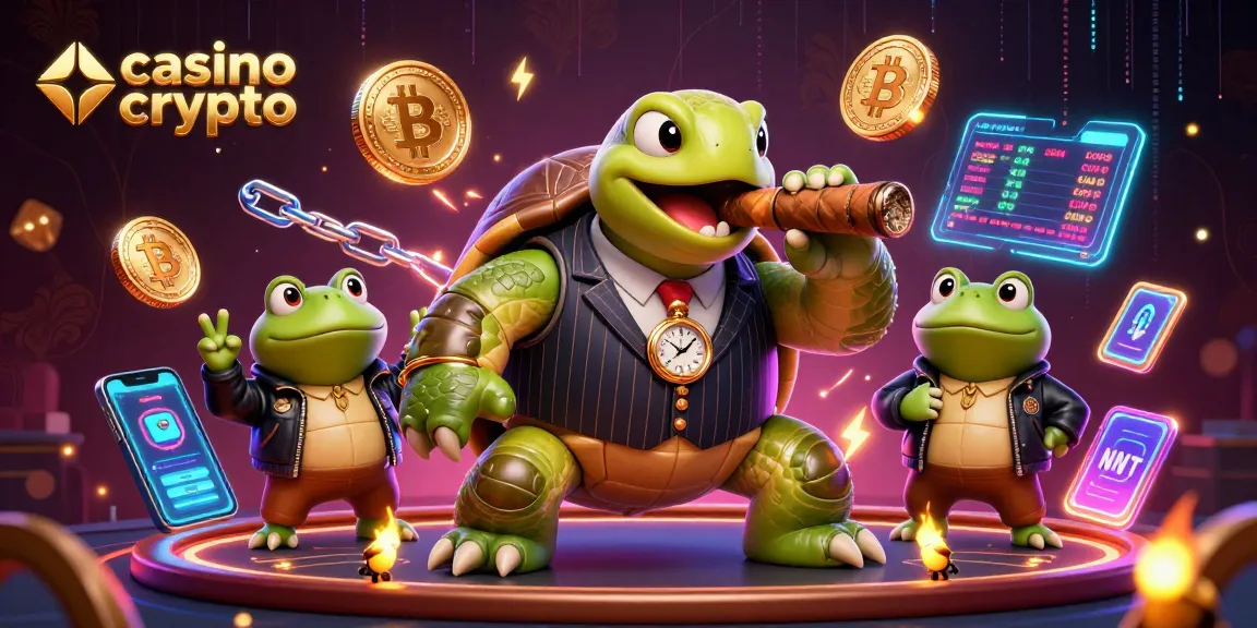 Scopri la vibrante scena di un casino crypto, con tartaruga e rane in azione tra bitcoin e neon.
