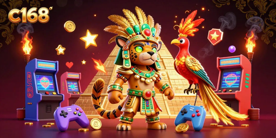 Engage in thrilling gaming action with c168's vibrant 3D casino art featuring a Mayan jaguar priest.