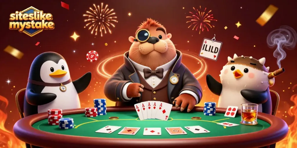 Experience the excitement at siteslikemystake with a jolly walrus and dealer at an underwater poker table.