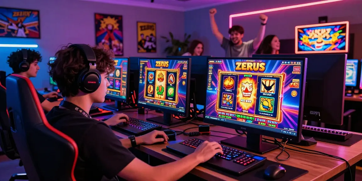 Engaging player enjoying a slot zeus game, vibrant online gaming setup.