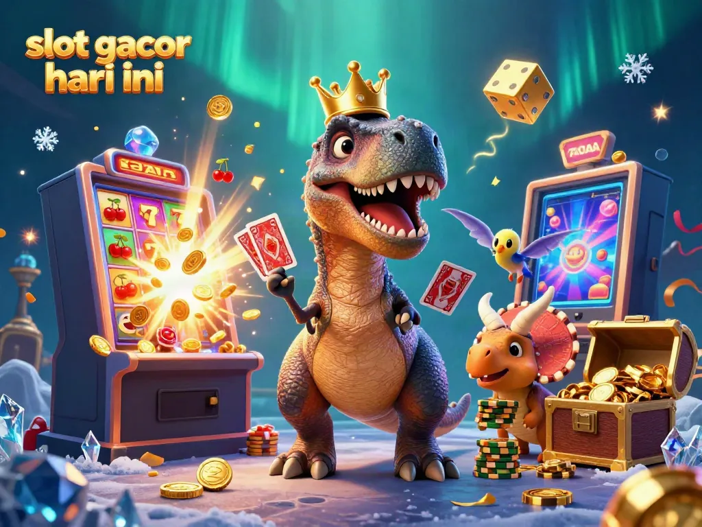 Engaging illustration of slot gacor hari ini featuring a T-Rex playing cards, surrounded by a vibrant casino atmosphere.