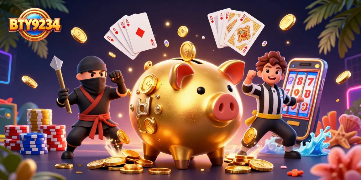Play gaming with BTY9234 featuring a mythical sumo wrestler piggy bank dominating a vibrant casino scene