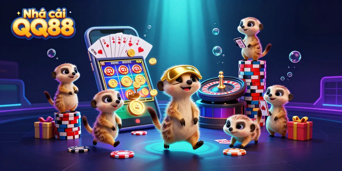 Engaging scene depicting Nhà cái QQ88 with meerkats managing a lively casino filled with games and excitement.