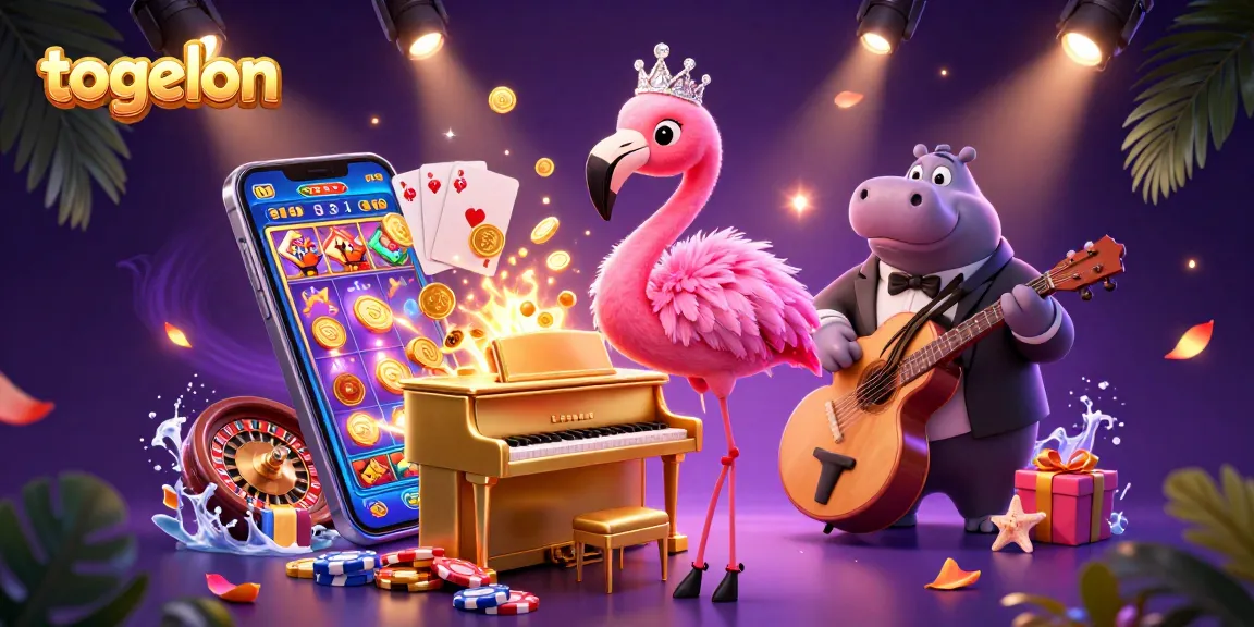 Togelon captivates players with dynamic 3D casino illustration featuring a flamingo singer and hippo bassist.