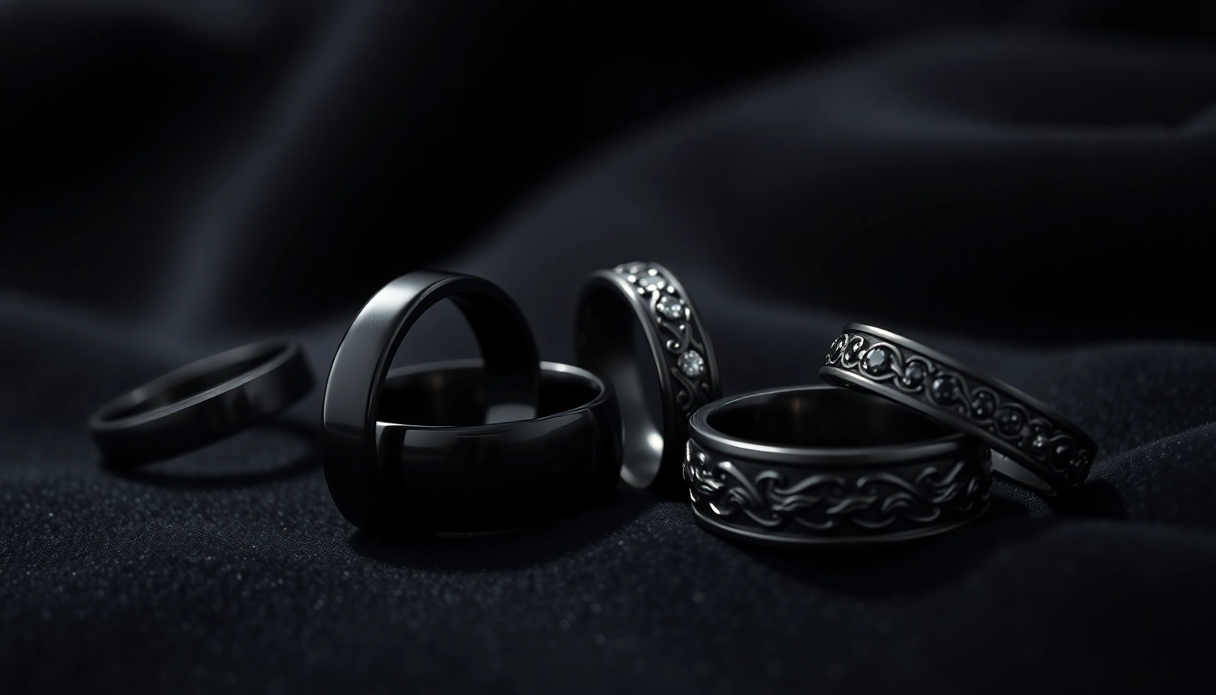 Showcasing unique Black Zirconium Rings with polished surfaces and elegant designs on a dark backdrop.