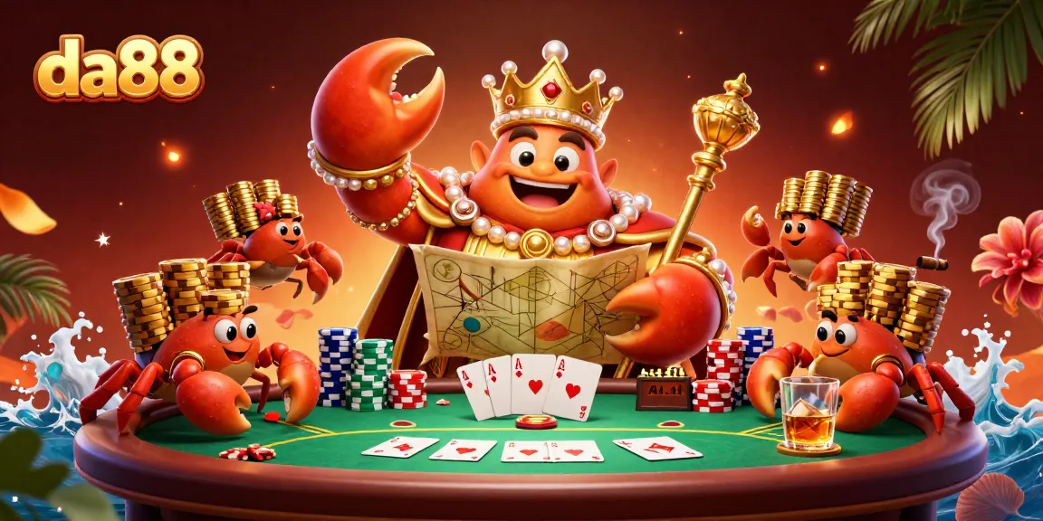 Experience the thrill at da88 with a majestic crab emperor amid poker excitement and treasure!