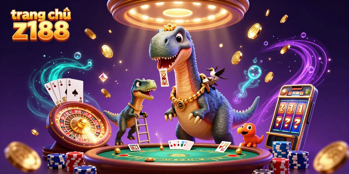 Experience the excitement of trang chủ z188 with a whimsical 3D casino scene featuring a brontosaurus and raptor!