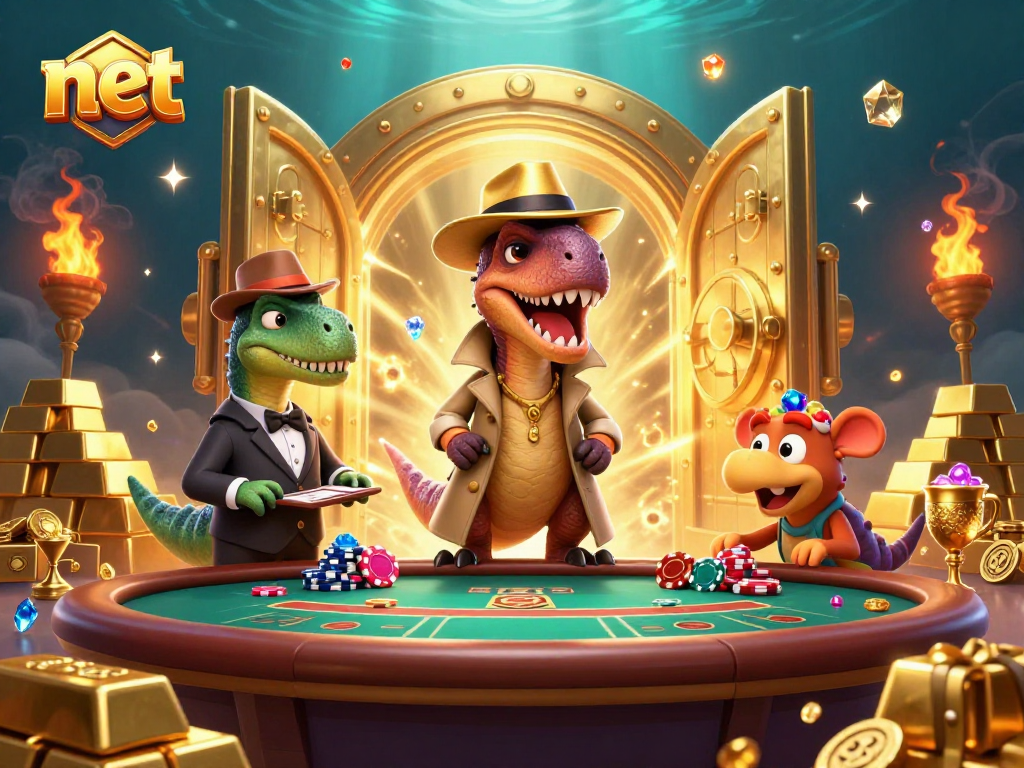 Net showcases a clever velociraptor card counter in a vibrant casino scene, featuring dynamic elements and gold treasures.