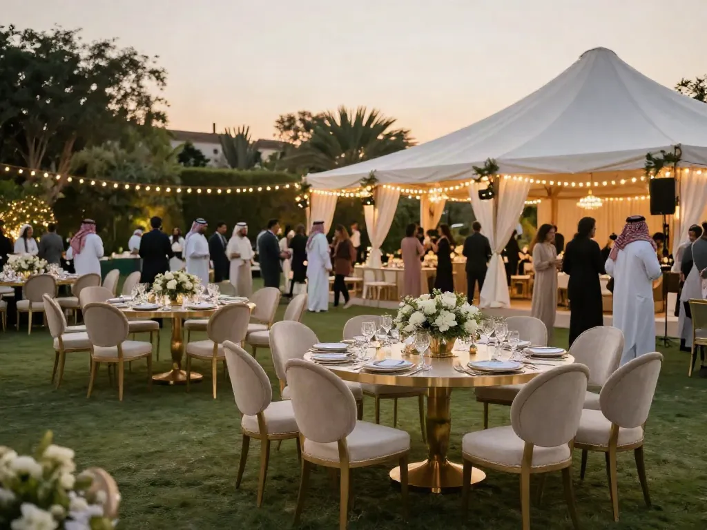 Event furniture rental scene with stylish outdoor setup and elegant decorations for premium gatherings.