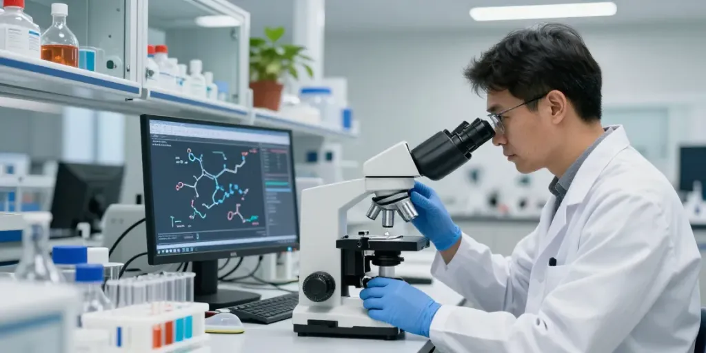 Scientist analyzing peptide samples in a state-of-the-art laboratory showcasing SwissChems research.