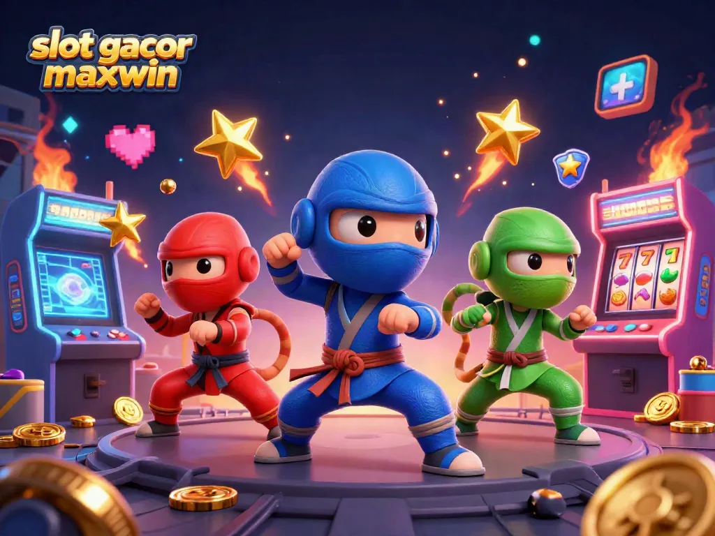 Experience the thrill of slot gacor maxwin with 3D cartoon chameleons battling amidst casino symbols and arcade games.