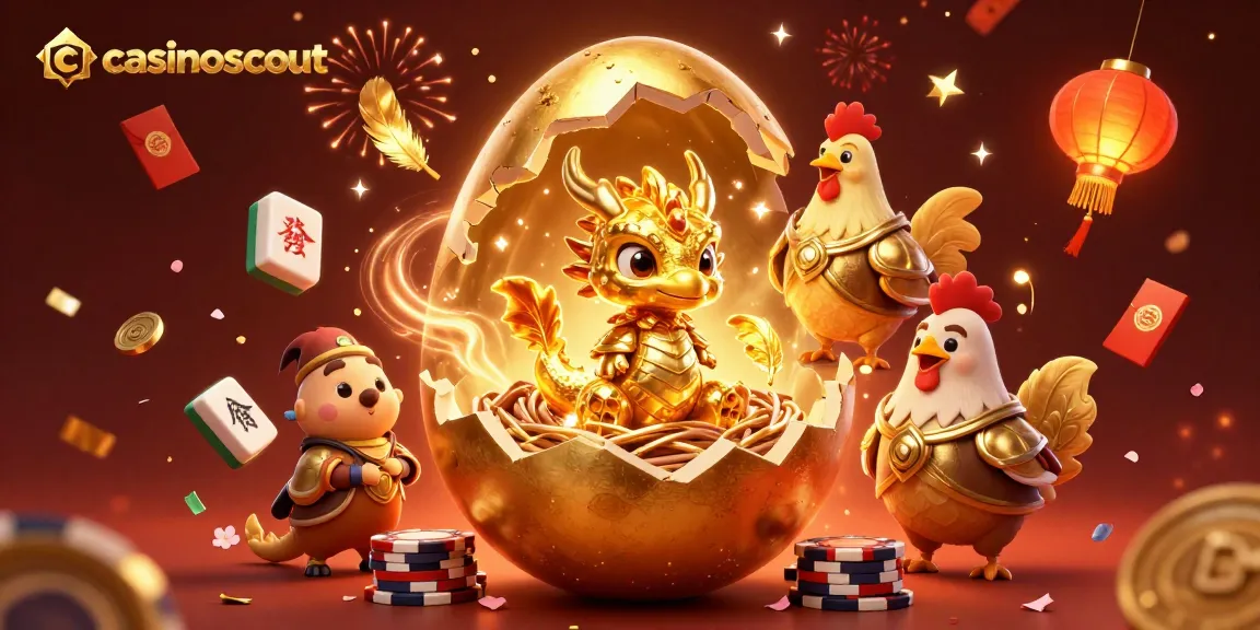 Experience the excitement of casinoscout with a golden dragon and poker chips amidst vibrant casino-themed elements.