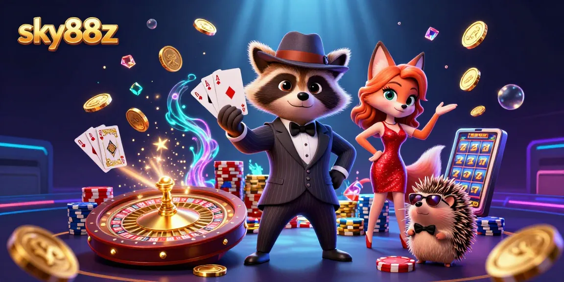 Engage in thrilling gameplay at sky88z with a raccoon delivering a royal flush amidst sparkling casino elements