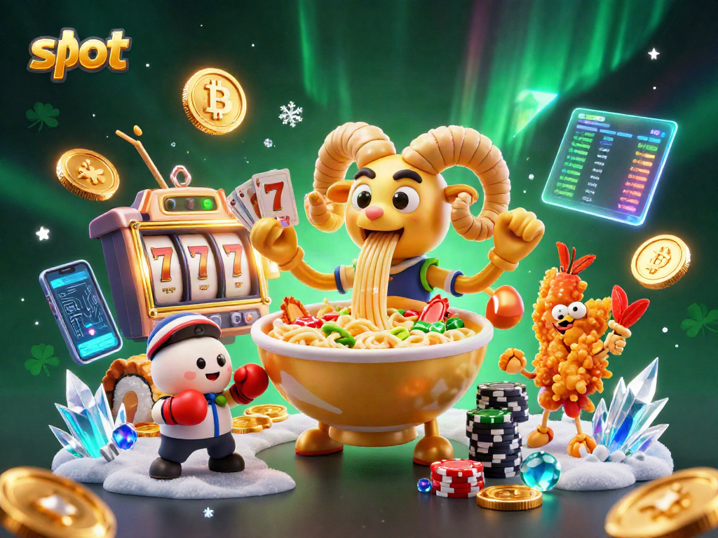 Spin slot reels in a vibrant casino with a golden ramen bowl, sushi dealer, and crypto coins.