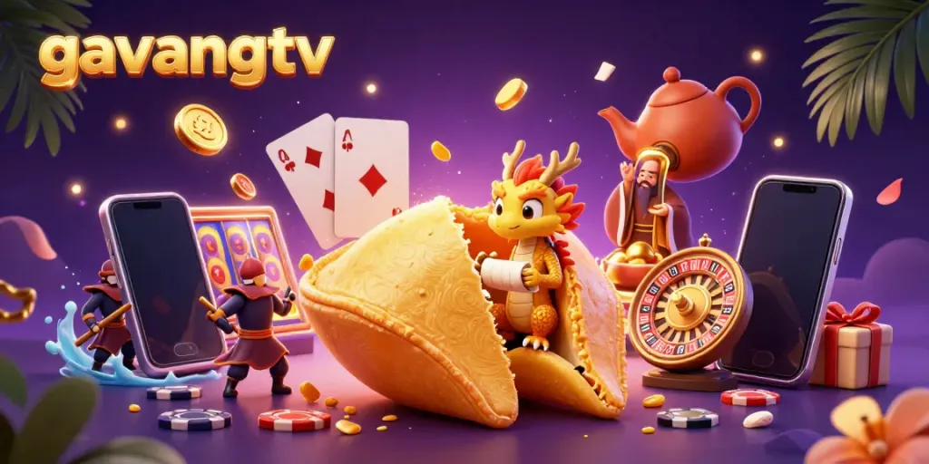 Enjoy dynamic gameplay with gavangtv as a golden fortune cookie reveals fortunes, amid vibrant casino elements.