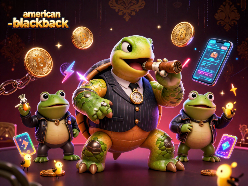 Engage in american-blackjack with a vibrant scene showcasing a snapping turtle and bullfrog enforcers in a dynamic casino.